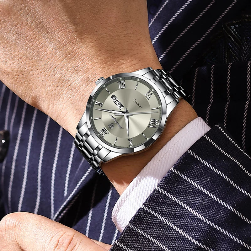 Poedagar 978 luxury quartz men's watch with a sleek black dial and stainless steel band, stylish and elegant men's wristwatch.