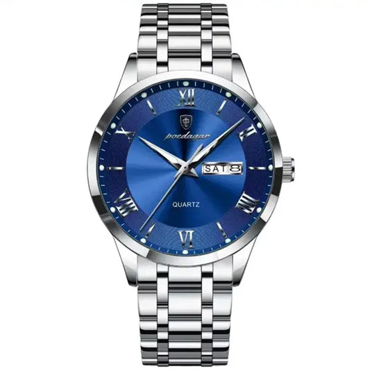 Poedagar 978 luxury men's watch with a blue dial and stainless steel band, showcasing elegant quartz design.