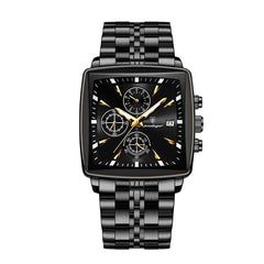 Poedagar POEDAGAR 866 luxury square men's chronograph watch with black dial and silver stainless steel band.