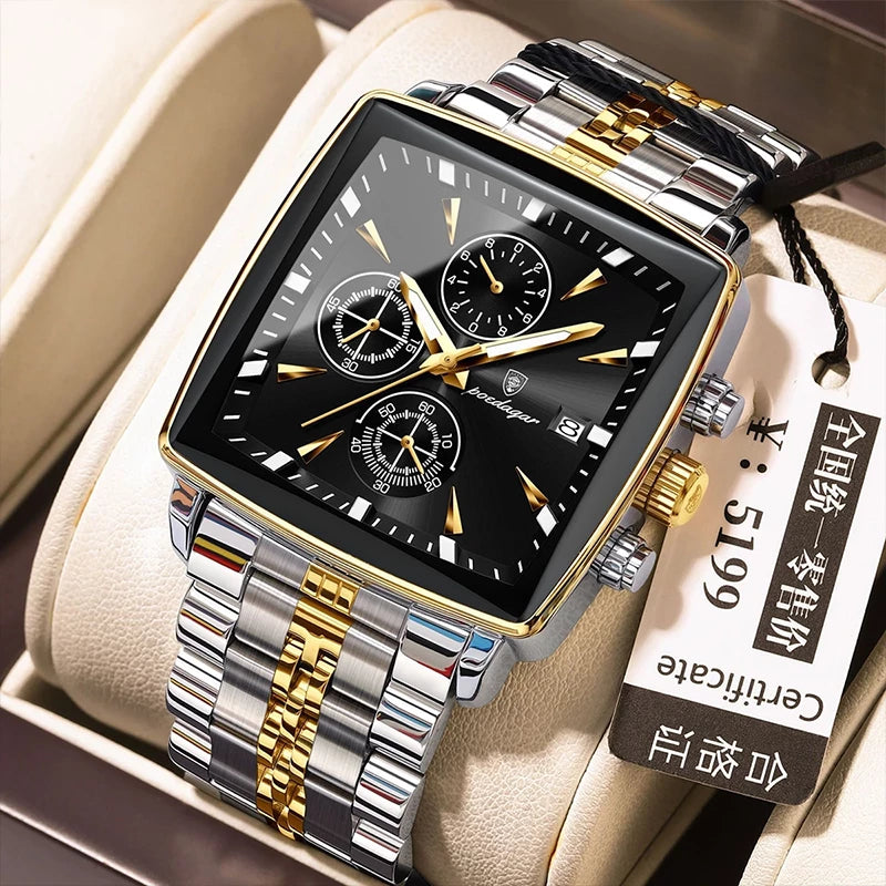 Poedagar 866 luxury square men's chronograph watch with black dial and silver stainless steel band, stylish and elegant timepiece