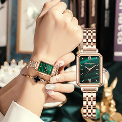 Poedagar 622 waterproof green rectangle dial luxury quartz watch with green strap and stylish design.