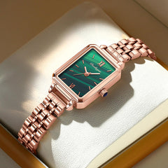Poedagar 622 waterproof green rectangle dial luxury quartz watch with sleek design and stainless steel strap.