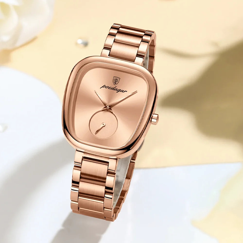 Poedgar 783 luxury women’s quartz watch with a waterproof white face and beige band, elegant and stylish for everyday wear