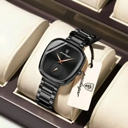 Poedgar 783 luxury women's quartz watch with black dial, waterproof design, elegant style, and stainless steel band.