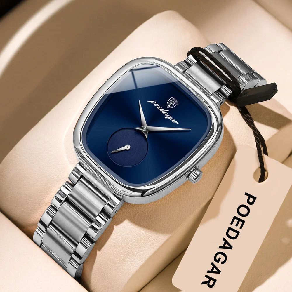 Poedgar 783 luxury women's quartz watch with blue strap, waterproof design and white dial, stylish and elegant accessory for women.
