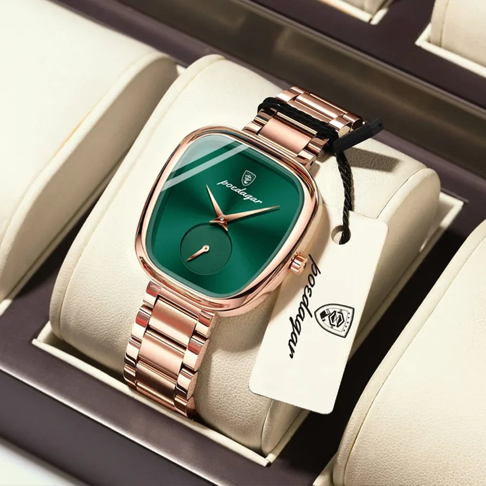 Poedgar 783 luxury women's quartz watch with a green strap, waterproof design, and white dial showcasing elegant details.