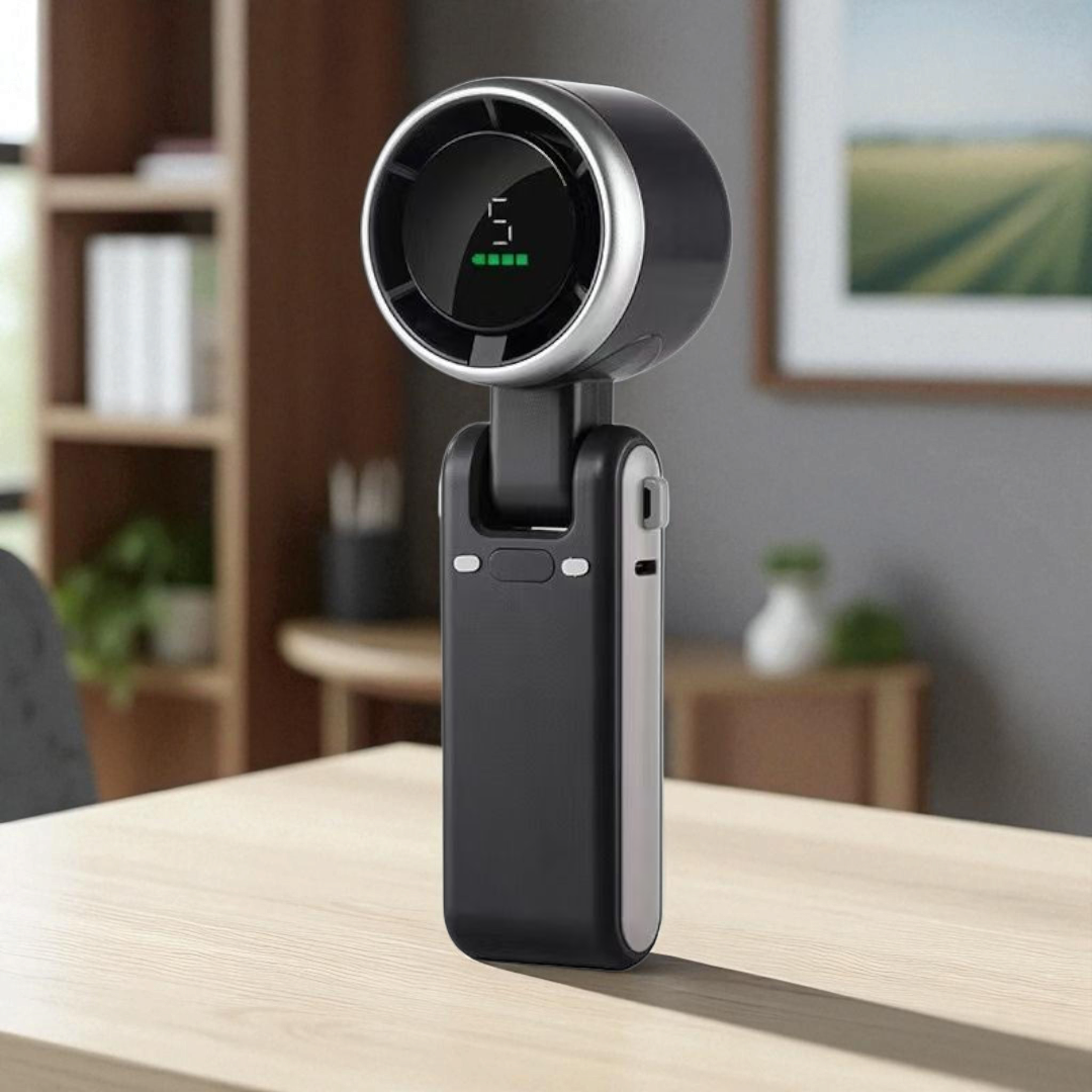 Portable Turbo Fan with digital display by Tarjah Mart, foldable, USB-C rechargeable, compact fan for personal cooling.
