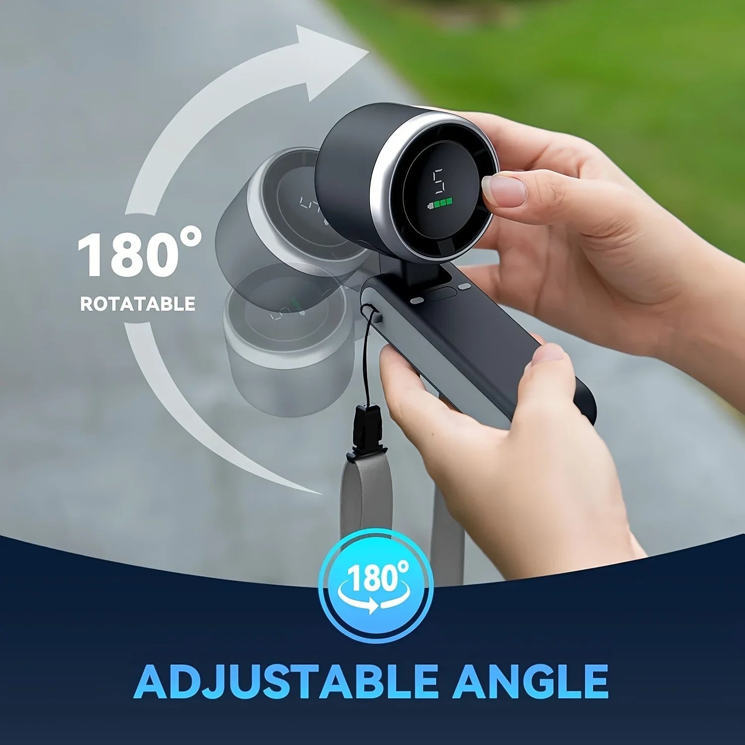 Rechargeable Tarjah Mart portable turbo fan with digital display, foldable design, USB-C charging, ideal for personal cooling.