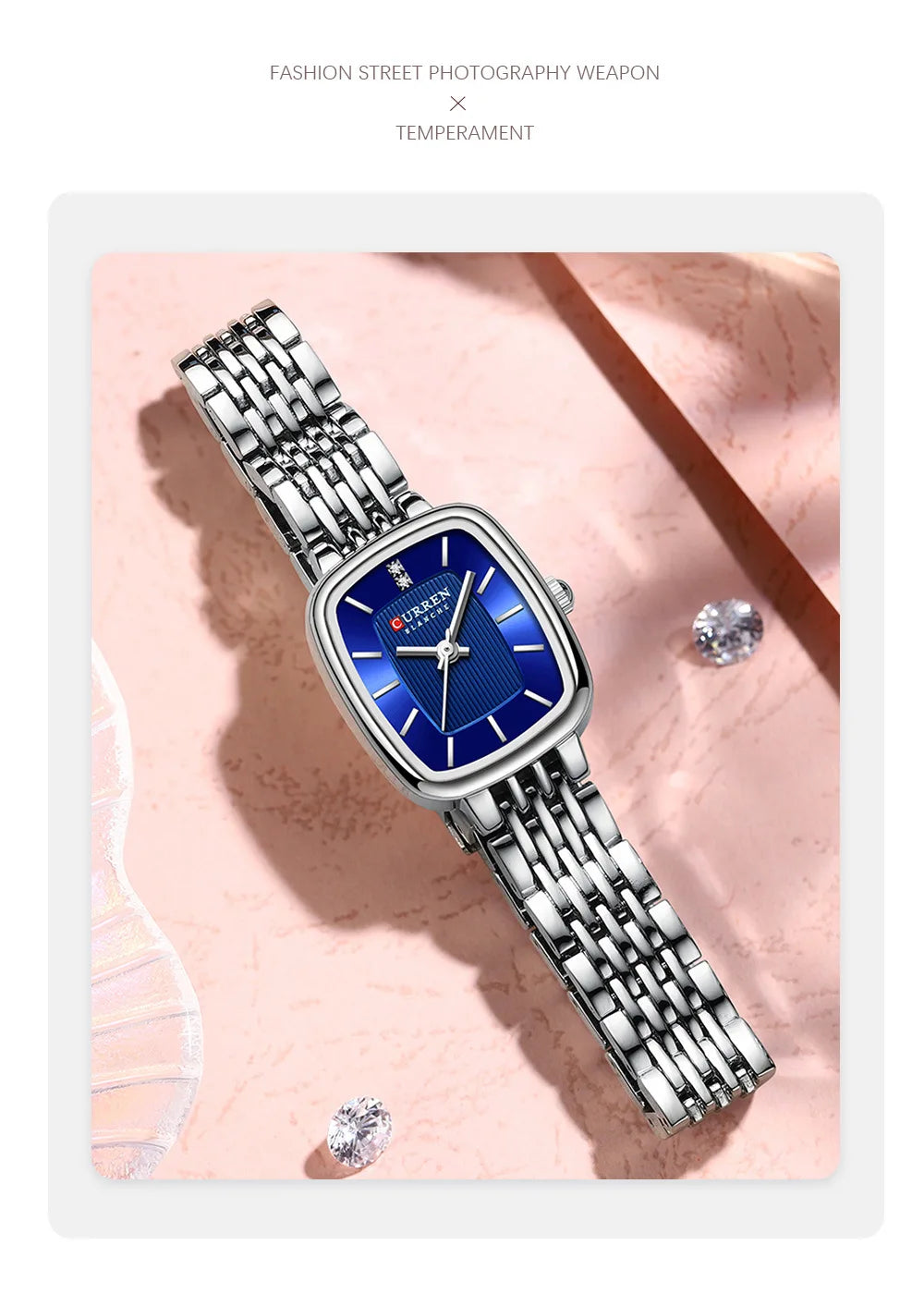 Silver and white Curren 9093 women's fashion quartz watch with sleek design and metal band, displayed on a white background.