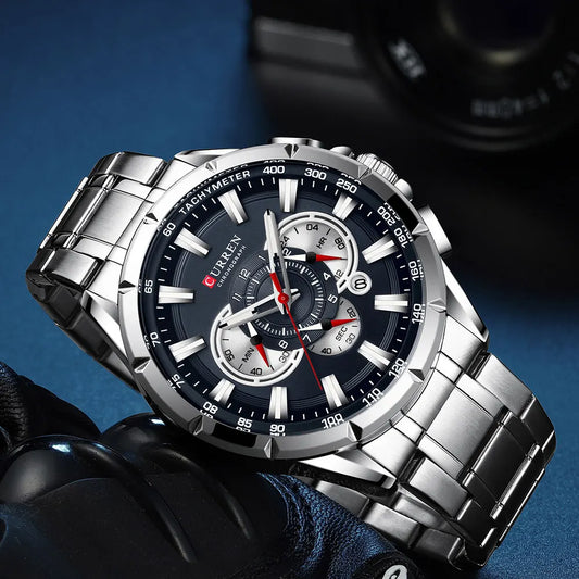 Men's Curren 8363 chronograph steel watch with black dial and silver stainless steel band, stylish men's wristwatch.