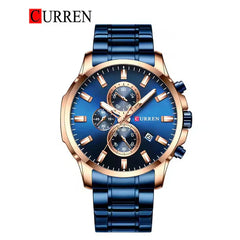 Curren 8348 men's chronograph watch showing a black dial, silver case, and metal strap, stylish men's wristwatch for everyday wear.