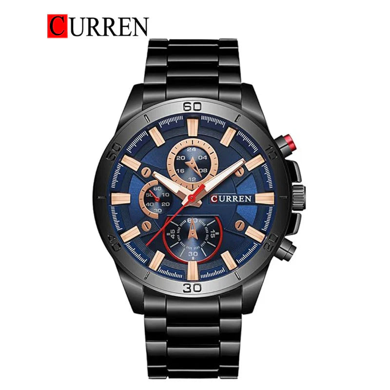 Men's stainless steel watch from Curren, model 8275, with a sleek round dial and metal bracelet, displayed on a white background.