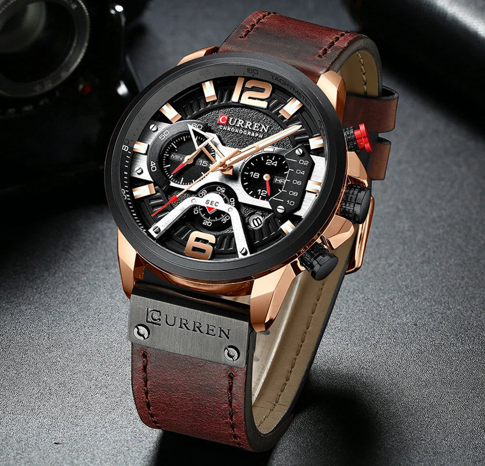 Men's leather strap watch by Curren, featuring a round dial and classic design with black leather strap and silver case.