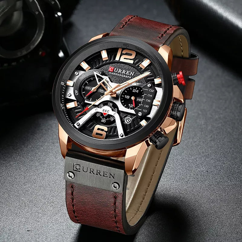 Curren 8329 men's leather strap watch with black dial and silver case, stylish men's wristwatch by Curren.