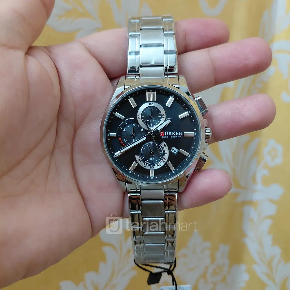 Curren 8475 men's chronograph watch with silver case and black dial, featuring multiple subdials and a sleek design.