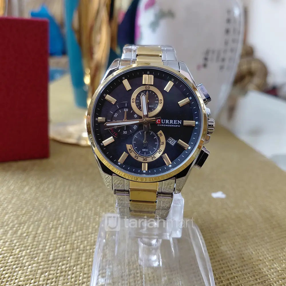 Gold Curren 8475 men's chronograph watch with black dial and multiple subdials, stylish men's wristwatch.