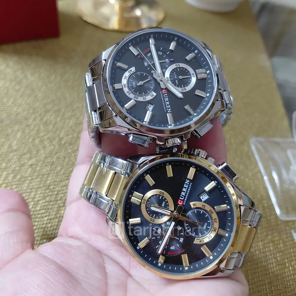 Curren 8475 men's chronograph watch with black dial, stainless steel band, and multiple subdials, showcasing sporty and stylish design.