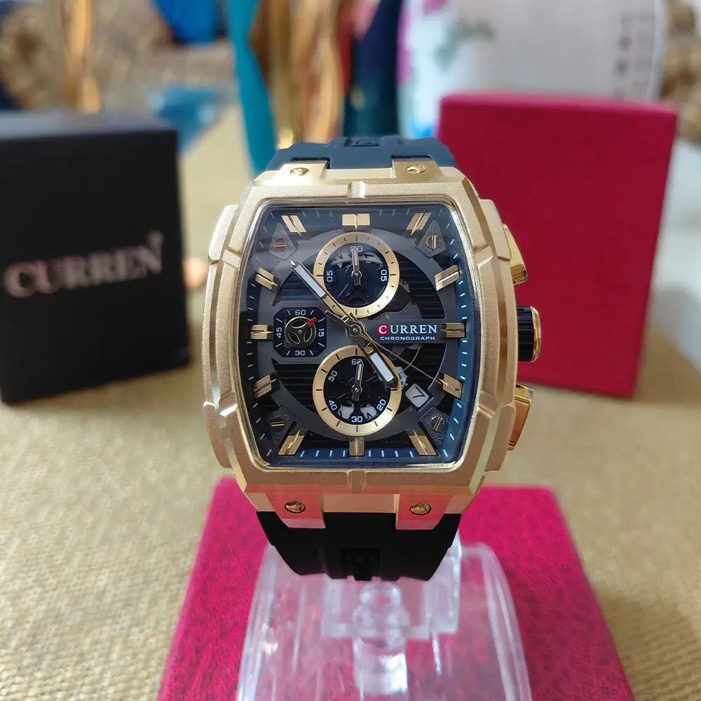 Curren 8488 men's watch with black silicone strap and multifunctional dial, featuring chronograph and digital display.