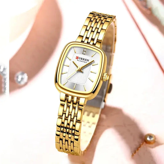 Golden Curren 9093 fashion quartz women’s watch with a white dial and sleek design, showcasing a stylish women’s wristwatch.