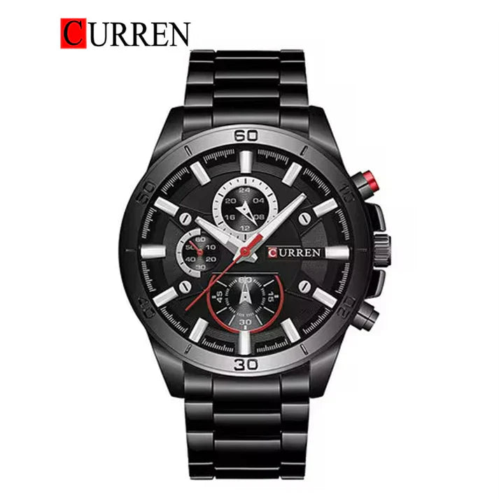 Men's stainless steel watch by Curren featuring a sleek dial and silver-tone band, showcasing a stylish and modern timepiece.