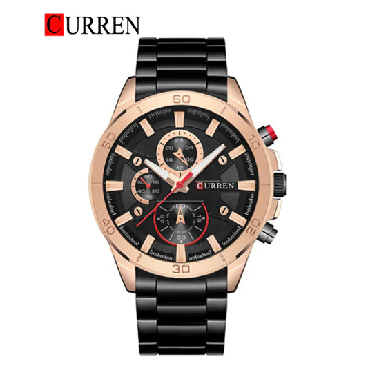 Curren 8275 men's stainless steel watch with black dial and silver band, stylish men's wristwatch on a black background.