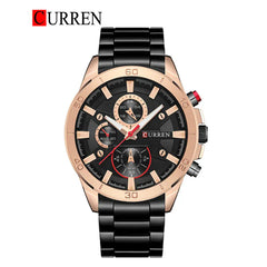 Curren 8275 men's stainless steel watch with black dial and silver band, stylish men's wristwatch on a black background.