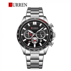 Curren 8418 men's chronograph watch featuring a black dial, stainless steel case, and sporty design.