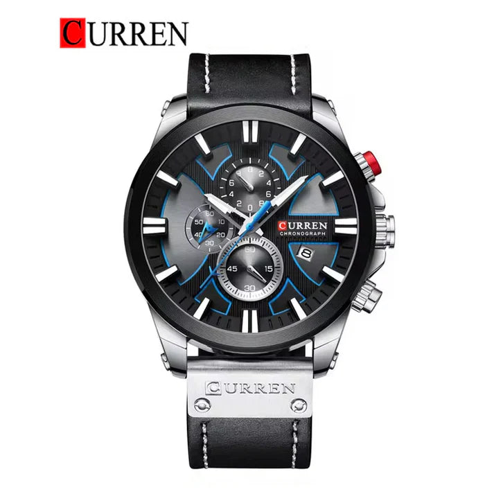 Curren 8346 men's leather strap watch with a black dial and silver case, showcasing a stylish men's wristwatch design.