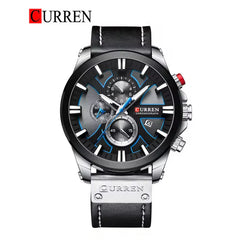 Curren 8346 men's leather strap watch with a black dial and silver case, showcasing a stylish men's wristwatch design.