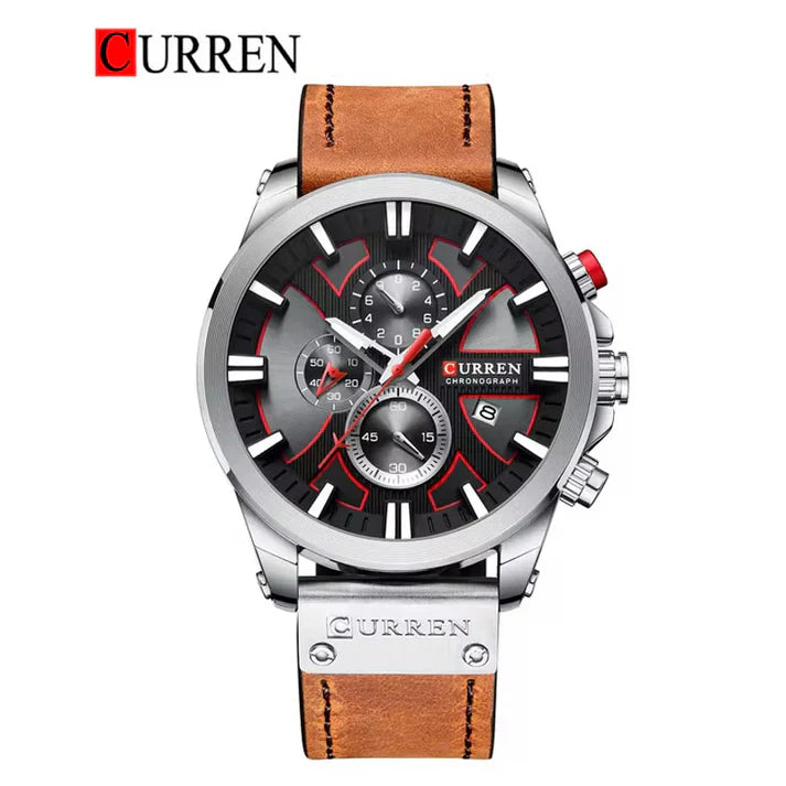 Curren 8346 men's leather strap watch showing a sleek black dial and classic leather band, stylish men's wrist timepiece.