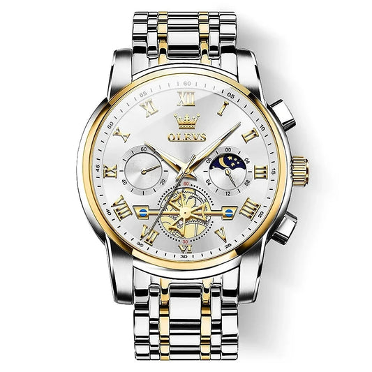 OLEVS men's white luxury business chronograph watch with black dial and stainless steel band, stylish and elegant timepiece.