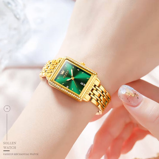 OLEVS 9995 Elegant Quartz Ladies Watch with green dial, featuring a stylish women’s wristwatch design.