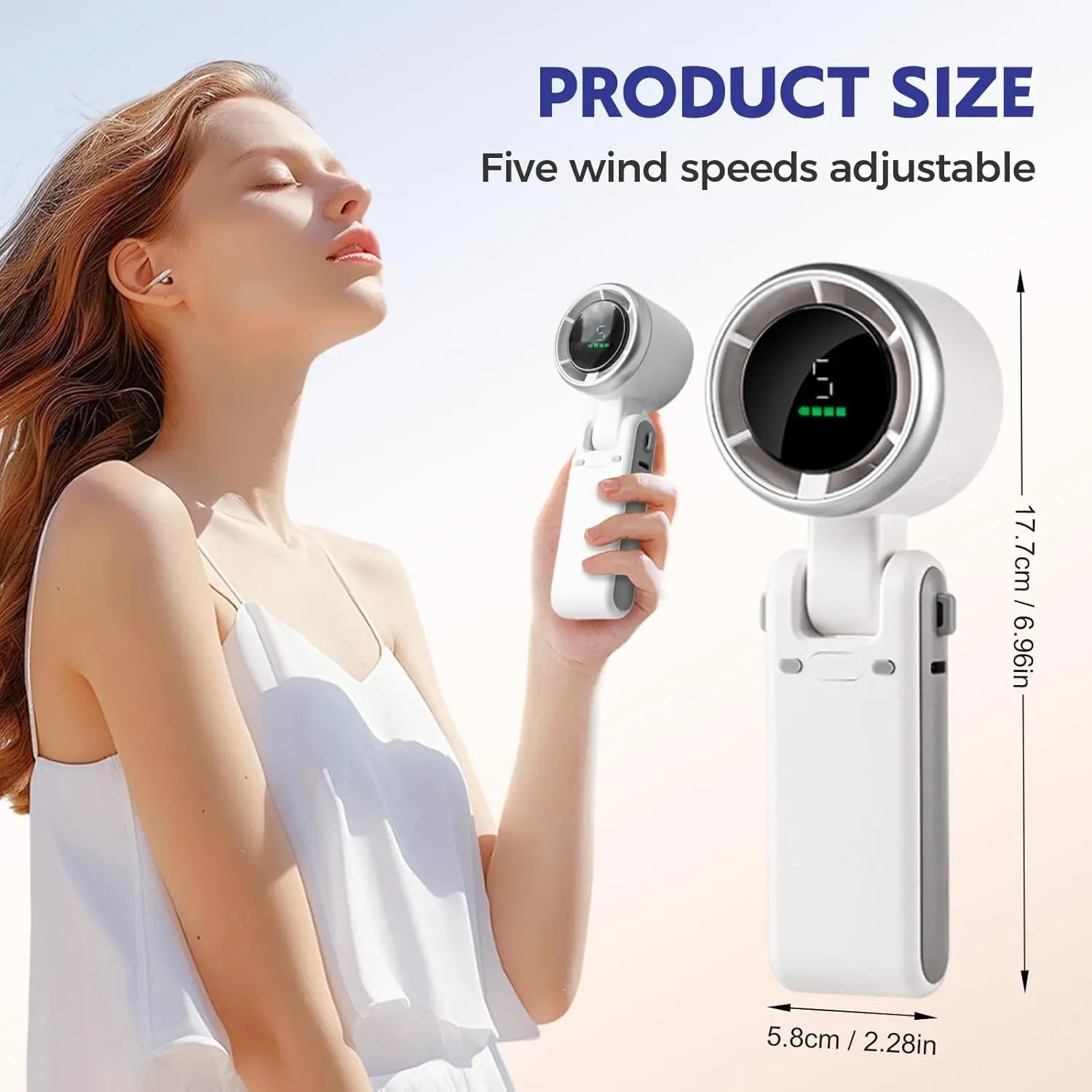 Portable Tarjah Mart turbo fan with digital display, foldable design, USB-C rechargeable, ideal for on-the-go cooling.