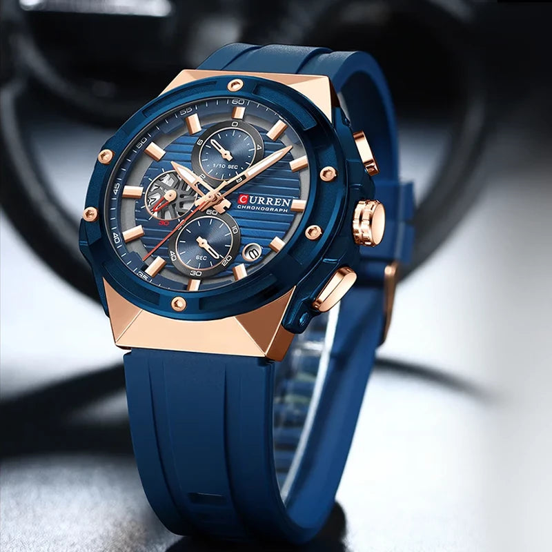 Curren 8462 men's watch with a blue rubber strap, round dial, and silver-tone case, featuring a stylish and modern design