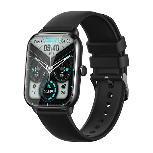 Colmi C61 Smartwatch with 1.9-inch HD display showing fitness tracking and notification icons on a sleek black band.
