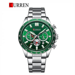 Curren 8418 men's chronograph watch with black dial, stainless steel band, and multiple subdials on a men's wrist.